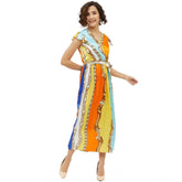 Women's Satin Chain Print Cap Sleeve Calf-length Dress (Multicolor)